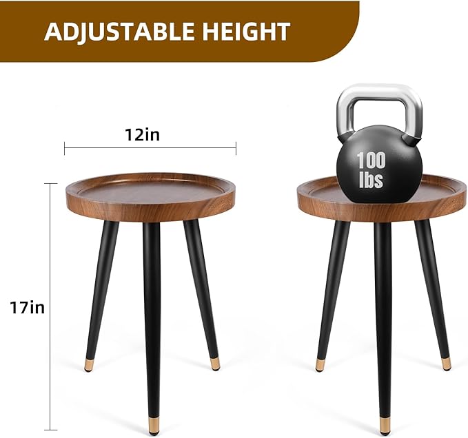KGPLOME 2 Pack Indoor Plant Stand with Raised Design, Table with Metal Tall | 11.8"x17" Walnut Round Wood Mid Century Plant End Table Heavy Duty Small Side Flower Pot Stand