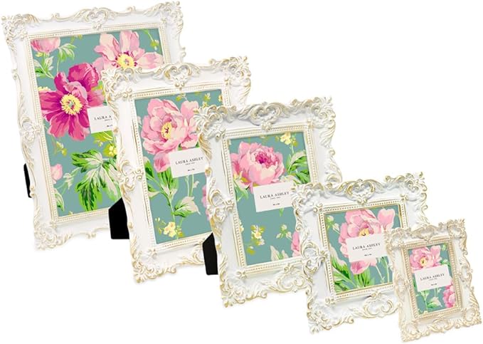 Laura Ashley 8x10 White & Gold Ornate Textured Hand-Crafted Resin Picture Frame w/Easel & Hook for Tabletop & Wall Display, Decorative Floral Design Home Décor, Photo Gallery, Art (8x10, White/Gold)