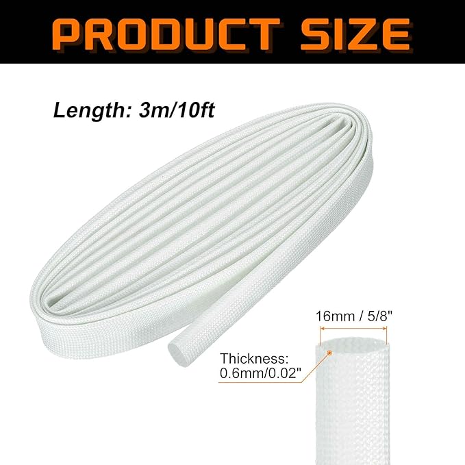 MECCANIXITY 10ft Braided Cable Sleeve, 5/8" ID 200C High Temperature 1500V Fiberglass Wire Insulation Cord Protector Organizer Wires Management for Motor Engine Fuel Line, White