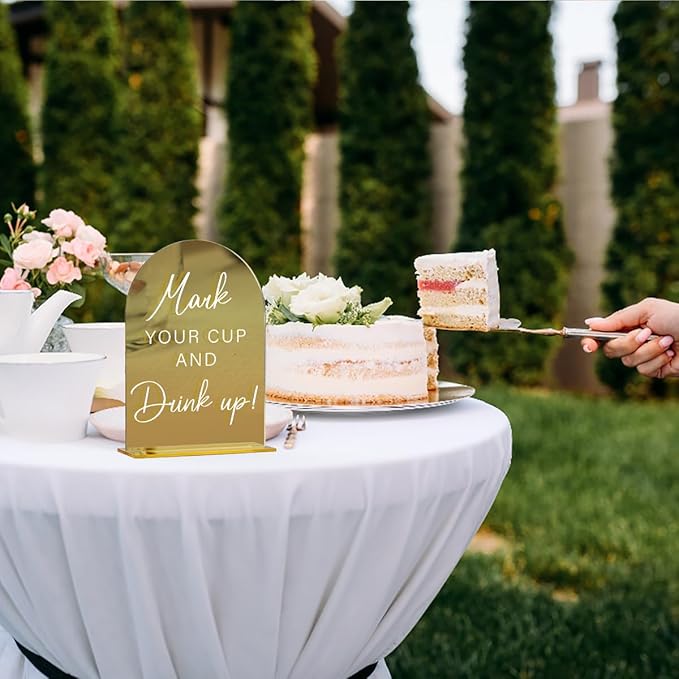Acrylic Wedding Sign, Bridal Shower Decorations, Mark Your Cup and Drink Up Sign for Ceremony, Modern Font Table Signs, Gold Mirror Arched Acrylic Tabletop Signs for Wedding Reception and Event Party