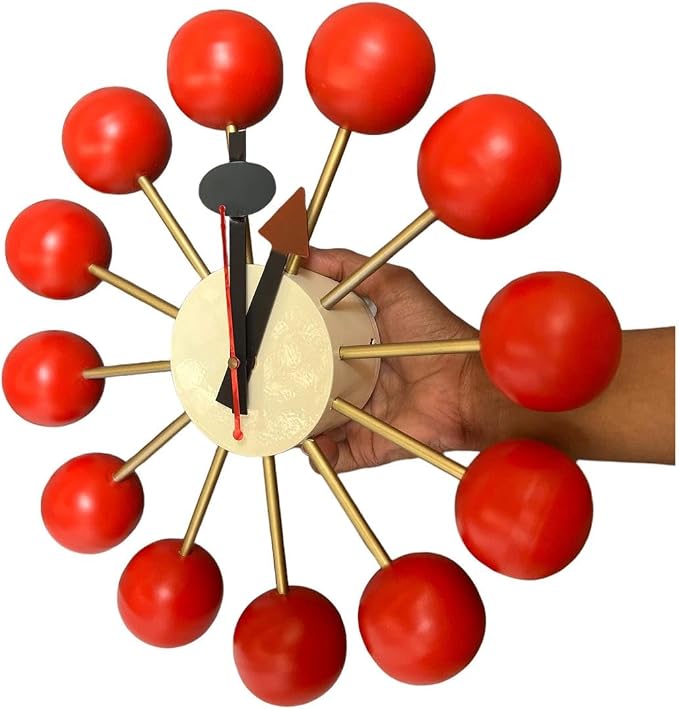 Mid Century Modern Ball Clock – George Nelson Style Wooden Wall Clock, Retro Starburst Design, Silent Non-Ticking Decorative Wall Decor for Living Room, Office, Kitchen & Home (Red, 18 Inch)