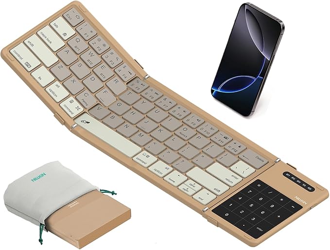 Nillkin Upgraded Foldable Bluetooth Keyboard with Touchpad & Number Pad, Portable Wireless Keyboard for Travel, Pocket-Sized, Full Size Keys, Support 3 Devices for iPad Laptop Tablets Phone, Khaki