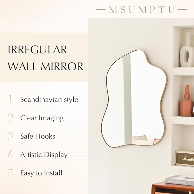 Irregular Wall Mirror Gold Wave Shaped Metal Framed Wall Mirror for Bathroom Bedroom Entryway Living Room Wall Decor 30.5" L x 23" W 2303Gold