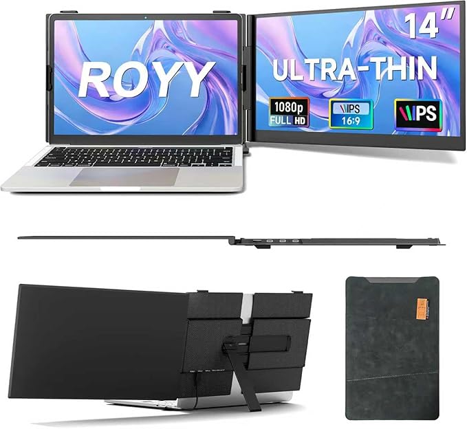 ROYY 14" Laptop Screen Extender, 0.19" Ultra-Thin Portable Monitor, FHD 1080P Dual Screen for 13-17" Laptops, Plug & Play USB-C/HDMI, Travel Monitor Compatible with Windows, Mac, Android, Switch, PS5