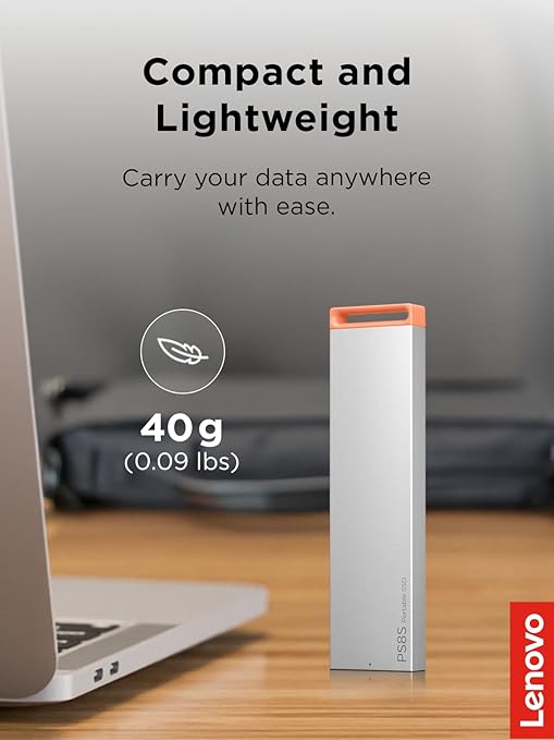 Lenovo PS8S 512GB Portable SSD, Up to 1050MB/s Read, 1000MB/s Write, USB 3.2 USB-C, Slim Lightweight (40g) Aluminum Body, Reliable Storage for PC/Mac & Android