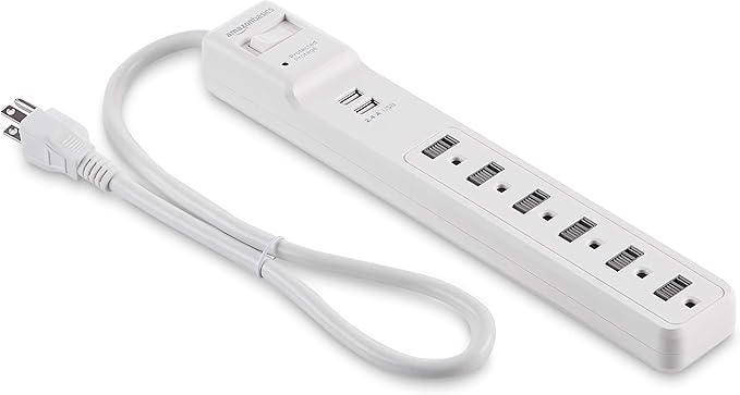 Amazon Basics Power Strip Surge Protector with 6 Outlets,2 USB Ports,1000 Joule Protection,6 Foot Extension Cord,Rectangle,White,(Pack of 6)