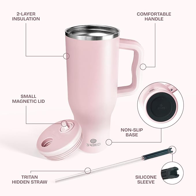 34HD 40 oz Stainless Steel Tumbler - Leakproof Insulated Water Bottle with Handle, Magnetic Lid and Flexible Straw - Iced for 48 Hours – Perfect for Men, Women, Birthday Gift, Pink - Rose Dust