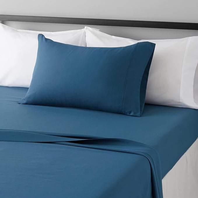 Amazon Basics 3-Piece Microfiber Lightweight Bed Sheet Set with 14-Inch Deep Pockets, Super Soft, Easy Care, Twin XL, Dark Teal, Solid