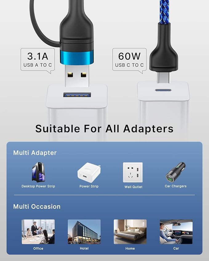 XUDUO 4 in 1 Charging Cable Fast USB C Cable Type C Charger 60W Lightning Cable Adapter USB C to USB C Cable for iPad Charger Fast Multi Charging Cord Fits iPhone 16 15/15 Pro/15 Plus/14 Pro Max,6FT