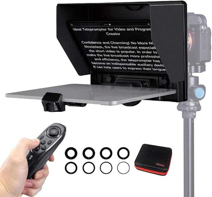 FEELWORLD TP10 10" Portable Foldable Teleprompter for Up to 11" Smartphone Tablet Prompter Phone DSLR Camera Video Record for Live Stream Interview Speech with Remote Control