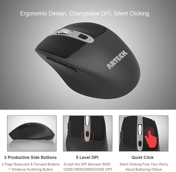 Arteck 2.4G USB Wireless Keyboard and Mouse Combo Ultra Slim Compact Keyboard and Ergonomic Mouse for Computer Desktop PC Laptop and Windows 11/10/8/7 Build in USB-C Rechargeable Battery