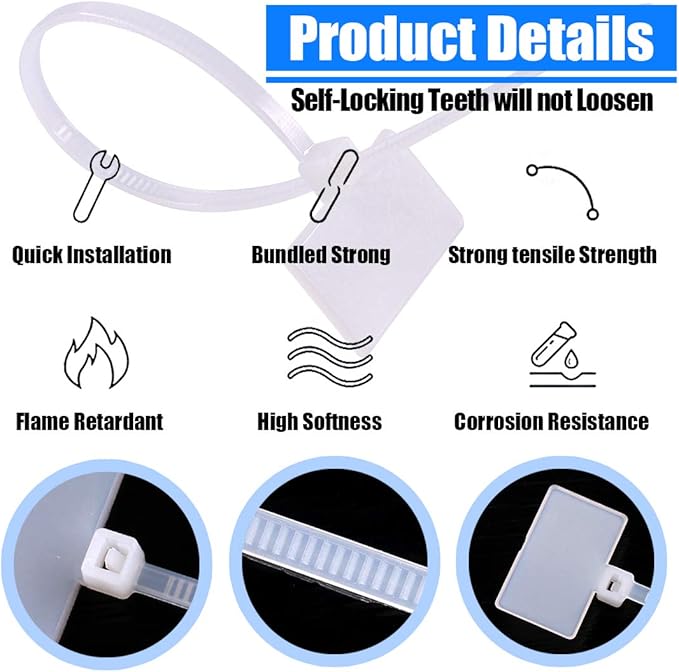 Glarks 200-Pieces 6 Inch Nylon Cable Marker Ties Self-locking Cord Tags Write on Ethernet Label Wire Straps with 3 Marker Pens and 288Pcs White Self-Adhesive Cable Labels for Home and Office Use