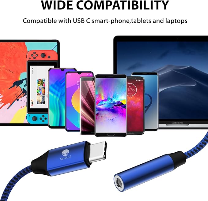 Stouchi USB C to 3.5mm Dongle Adapter, Type C Headphone Audio Jack Cable Cord Hi-Fi DAC Chip for iPhone 17/16 /15, Pixel 9/8 /7/6, iPad, Samsung Galaxy S25 S24 S23 Ultra (1, Blue, 0.38ft*1)