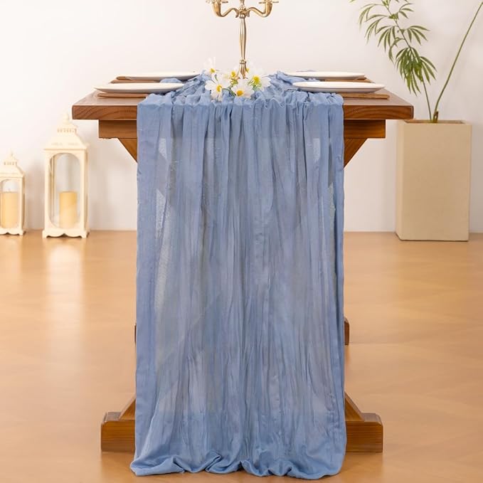 Socomi 15pcs Dusty Blue Fall Thanksgiving Cheesecloth Table Runner Boho Rustic Gauze 120 inch 10FT Cheese Cloth Runner for Wedding Party Baby Shower Birthday Home Decor Holiday Decorations