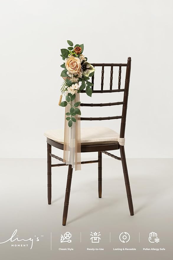 Ling's moment 8 Wedding Artificial Aisle Pew Flowers Chair Decorations Arrangements with Chiffon Ribbons Apricot Sage for Ceremony Reception Chair Back Floral Decor Reception Church Party Outdoor
