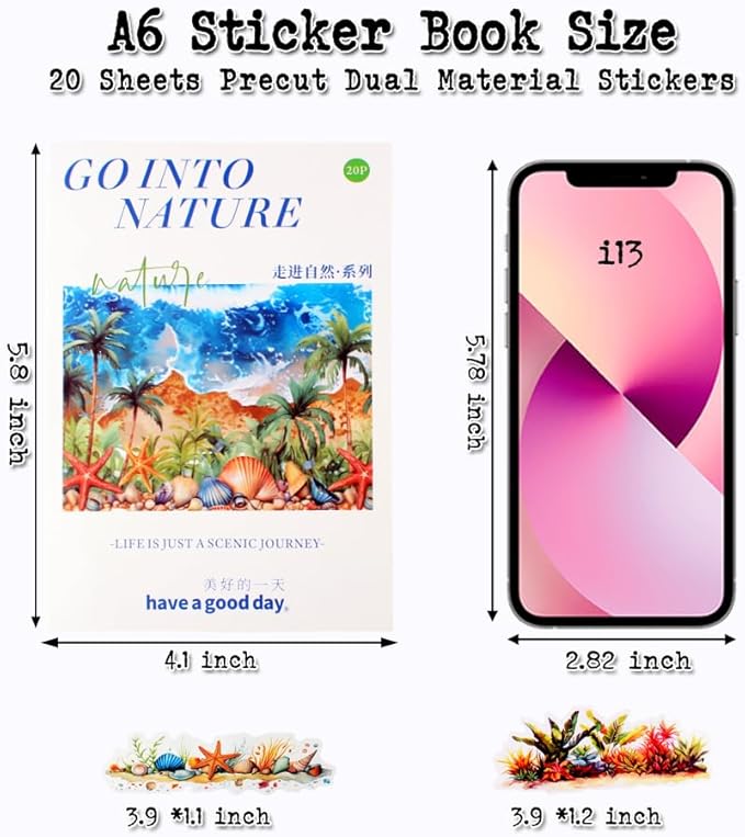 20 Sheets Seaside Landscape Pre-Cut Journaling Stickers Book for Junk Journaling, Scrapbooking, Collage, Planner, Album, Transparent PET and Washi Stickers for Adults