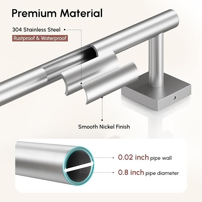 USHOWER Brushed Nickel Bath Towel Bar, 30 Inch Towel Racks for Bathroom Wall Mounted, 304 Stainless Steel Towel Holder with Square Base, Modern Home Decor (Total Length 32 Inch)