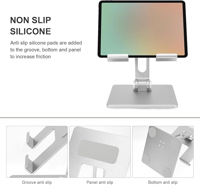 MUELODSIC Folding Aluminum Alloy Tablet Stand and Adjustable Laptop Holder for Desk Use, Portable Foldable Tablet Bracket Compatible with Ipad, Silver Gray Design for Home and Office