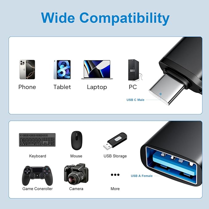 USB to USB C Adapter 10 Pack,USB to USB-C Adapter,USB Type C Male Female Adaptor,USBA Converter for iPhone 16 15 14,MacBook Pro,iPad,Car Charger,Black