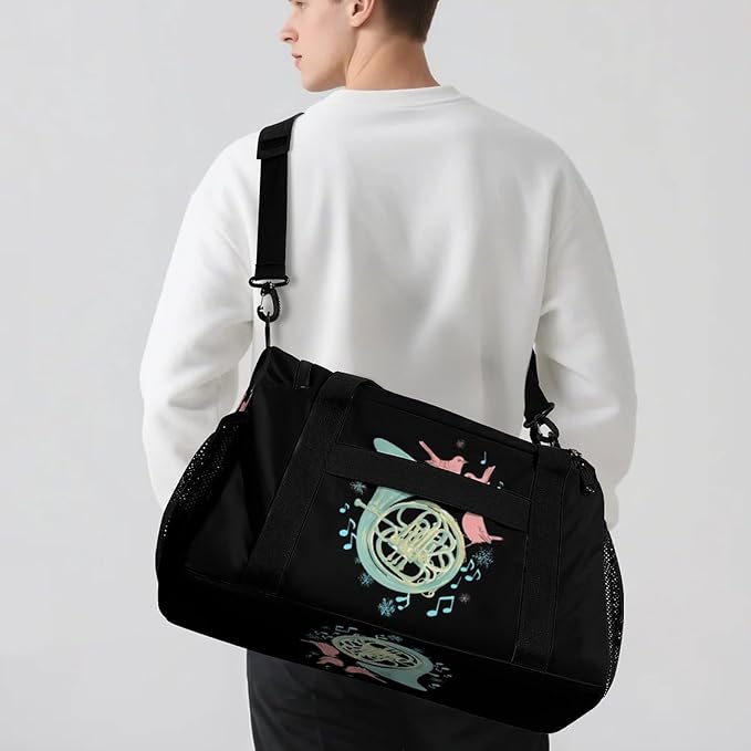 French Horn Music Bird Duffle Bag Gym Bag for Workout Travel Tote with Detachable Straps