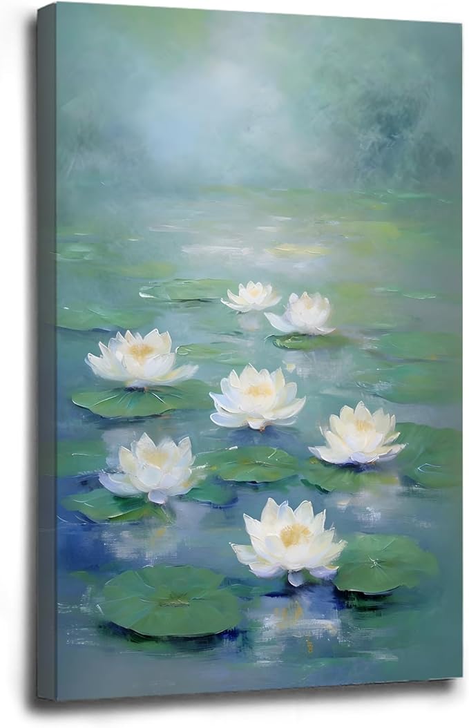 Zen wall art Delicate white lotus flower floating on calm water Vintage oil painting print Serene aquatic wall art creates a tranquil home decor 8x12in Wood Framed