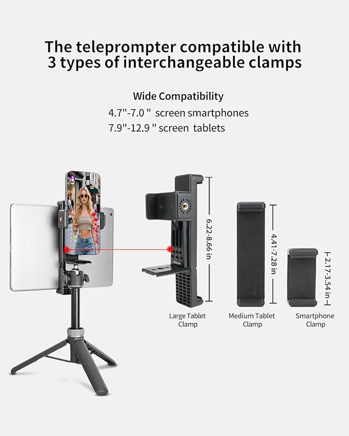 Large Screen Teleprompter Holder for Tablet/Phone with Extendable Tripod, Dual-Clamp Design with Interchangeable 3 Sizes of Clamps. Perfect for Live Streaming/Recording/Video Conference