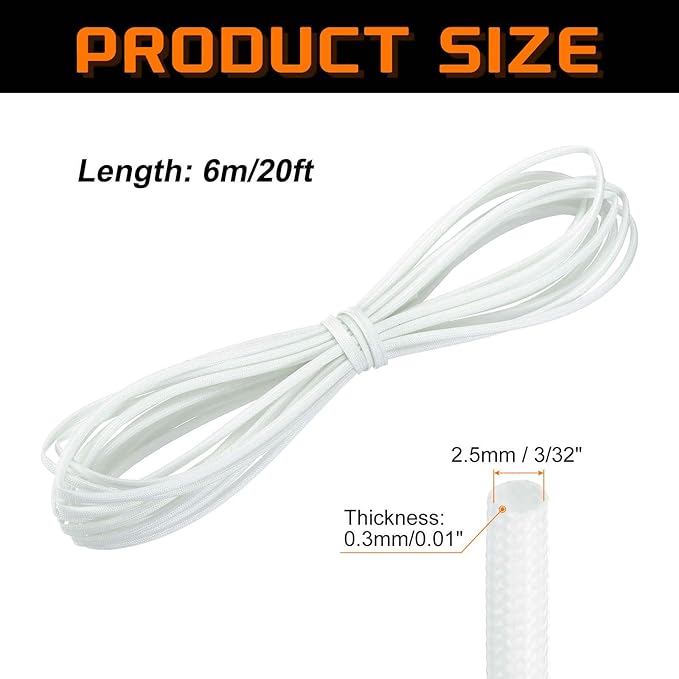 MECCANIXITY 20ft Braided Cable Sleeve, 3/32" ID 200C High Temperature 1500V Fiberglass Wire Insulation Cord Protector Organizer Wires Management for Motor Engine Fuel Line, White