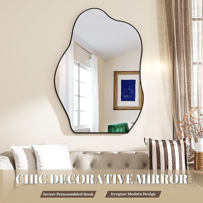 BEAUTYPEAK Asymmetrical Mirror, 20 x 28 Inches Irregular Wall Mirror, Wood Frame Unique Shape Wall Mounted, Decorative for Living Room Bedroom Entryway Hallway
