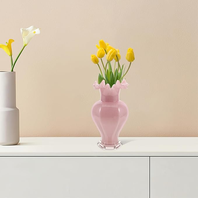 Luxshiny Handblown Glass Vase with Pearlescent Finish Artistic Ripple Mouth Design Sturdy Glass Hydroponic Flower Vase for Home Decoration Living Office Centerpiece Wedding Table Decor in