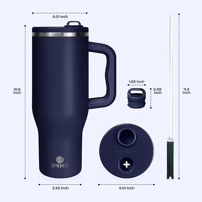 34HD 40 oz Stainless Steel Tumbler - Leakproof Insulated Water Bottle with Handle, Magnetic Lid and Flexible Straw - Iced for 48 Hours – Perfect for Men, Women, Birthday Gift, Navy - Deep Sea Blue