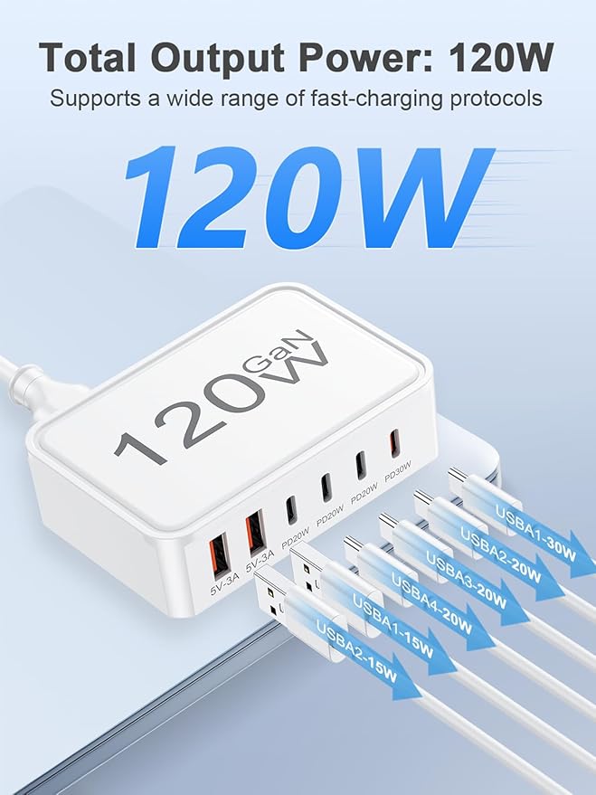 Otovoda 120W USB C Charger Block, 6 Port USB Charging Station for Multiple Devices, 5FT Desktop Multi Charging Hub Compatible with iPhone Samsung ipad, for Travel Home Office