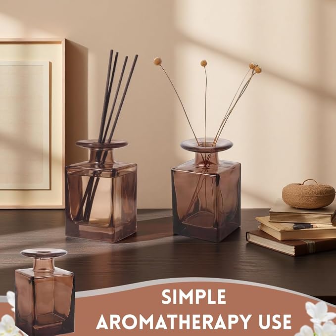 150ML/5OZ Square Amber Glass Diffuser Bottles Empty Refillable Vintage Diffuser Jars Decorative Aromatherapy Containers for Home Office(Excluding Aromatherapy Sticks)
