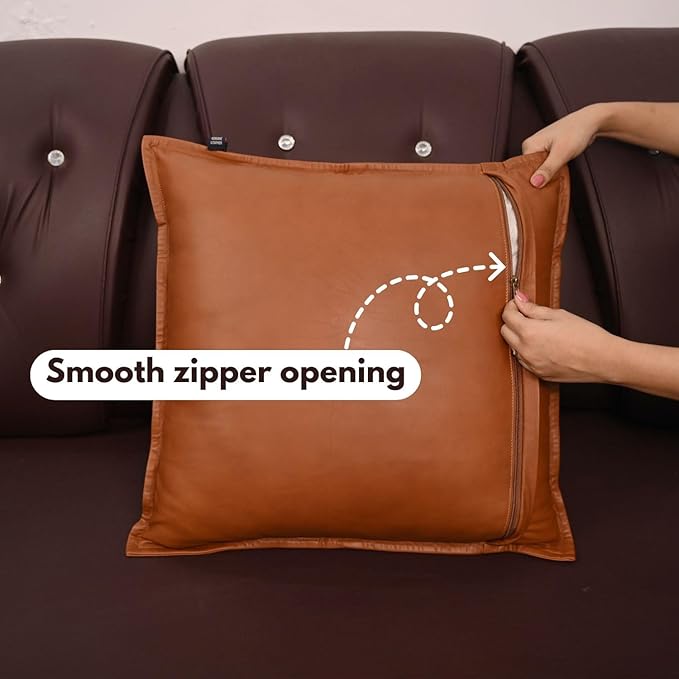 D DOLLY LAMB Lambskin Leather Pillow Cover - Sofa Cushion Case - Decorative Throw Covers for Living Room & Bedroom, 18x18 Inches - Camel Antique Box