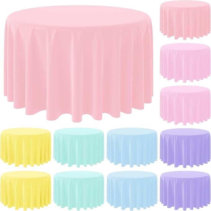 MASHAN 12Pcs Plastic Round Pastel Color Tablecloths,Mix Color Table Cloth Disposable Round Table Covers for Baby Shower, Wedding,Birthday Party,Spring Easter and Summer Party Decorations, 84 Inch