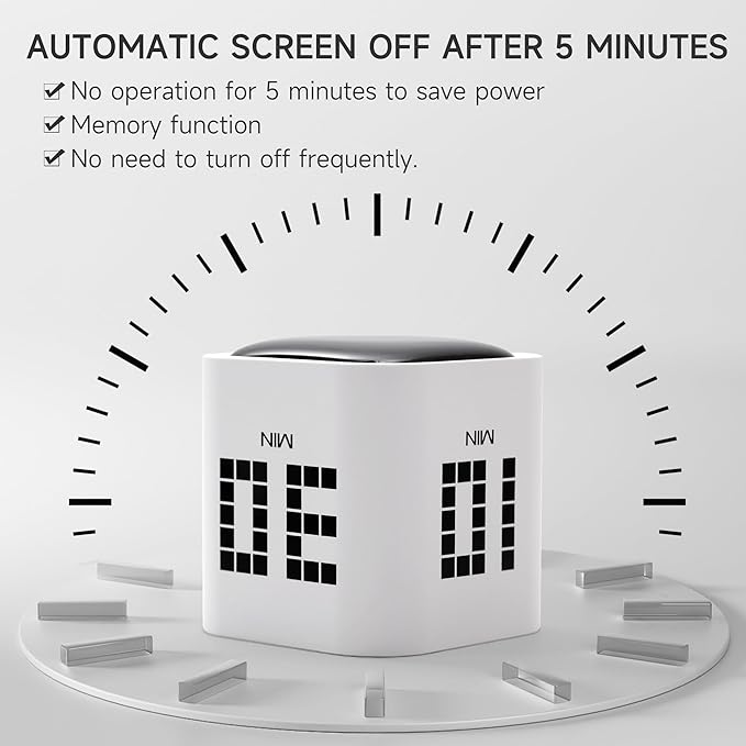Exlliy Rotating Productivity Timer 5, 10, 30, 60 Minutes Preset, Desk Cube w/Gravity Sensor for ADHD, Mute Functions, Ideal for Work, Study, Kitchen, Back to School (White)