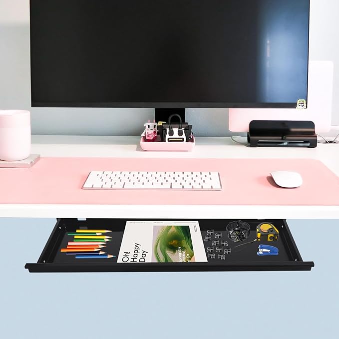 29.1" Under Desk Storage Drawer, Black Sliding Pull-Out Drawer for Sit Stand Workstation