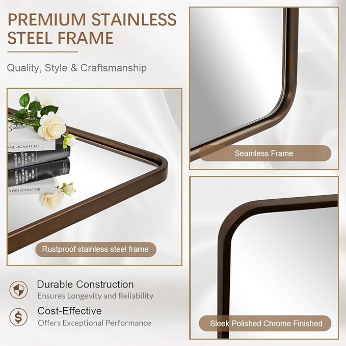 ANDY STAR Bronze Bathroom Mirror, 24X36 Bronze Vanity Mirror for Wall, Rounded Rectangle Mirror Tube Metal Frame Hang Vertically or Horizontally