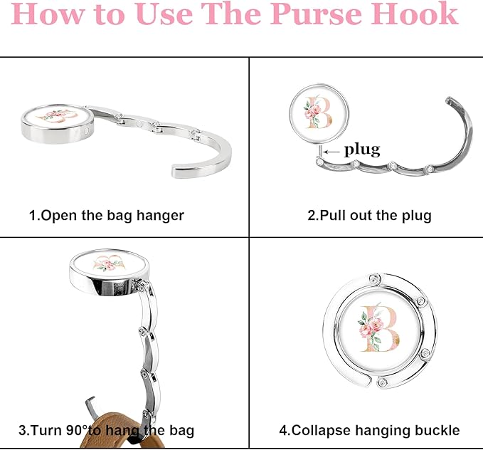 XSUIOY 3Pcs Personalized Initial Foldable Purse Hook for Table,Crushed Flower Letters Folding Purse Hanger,Purse Holder Handbag Hanger Collection Desk Table Bag Hooks Gifts for Women Bag(Pink-R)