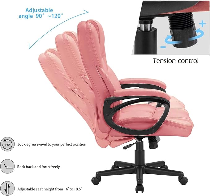 Furmax Office Executive Chair High Back Adjustable Managerial Home Desk Chair, Swivel Computer PU Leather Chair with Lumbar Support (1, Pink)