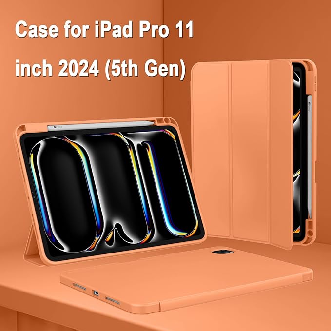 ZryXal iPad Pro 11 Inch Case (M5) 2025/ (M4) 2024 (Model: A2836/A2837/A3006), Trifold Stand Smart Cover with Pencil Holder and Soft TPU Back, Auto Wake/Sleep (Orange)