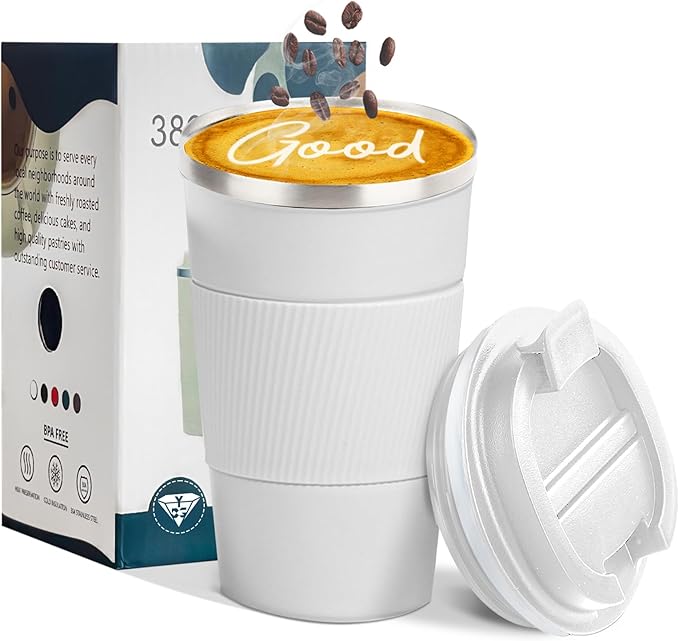 YINBAOGE Insulated Travel Coffee Mug, Spill & Leak Proof, Portable To Go Camping Stainless Steel Coffee Tumbler, Reusable Thermal Coffee Cup with Lid for Hot & Cold Drinks (White, 17 OZ)
