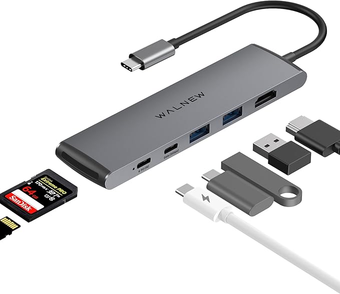 USB C Hub, WALNEW 7 in 1 USB-C Docking Station with 4K HDMI,100W PD, 3 5Gbps Data Ports(1 USBC & 2 USB 3.0),TF/SD Card Reader, USB Hub for Laptop, MacBook Pro/Air/Mac/Dell/HP/ASUS/Acer/Steam Deck