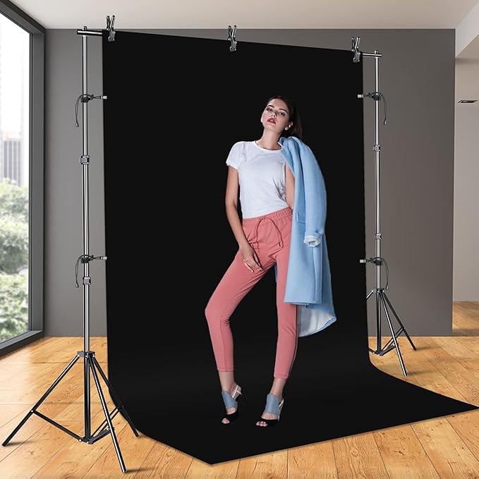 SLOW DOLPHIN Photo Background Support System with Backdrop Stand Kit, 100% Pure Muslin 6.5 Ft x 10 Ft (White/Black) Backdrop,Clamp, Carry Bag for Photography Video Studio