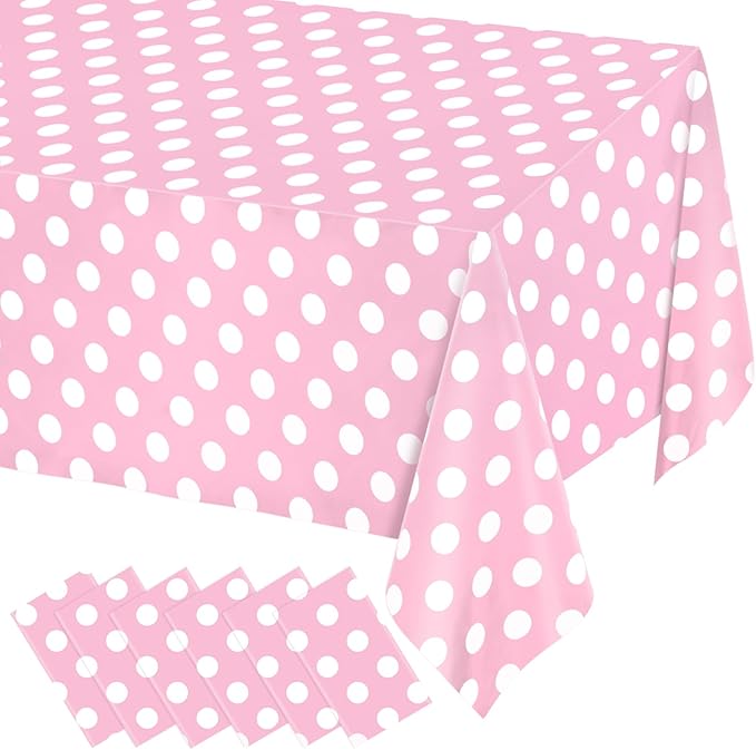 WNINK 6 Pack Light Pink and White Polka Dot Tablecloths, Pink Disposable Plastic Table Cover for Birthday, Wedding, Bachelor, Pink Girl Party, and Picnic Camping Parties 54" x 108"