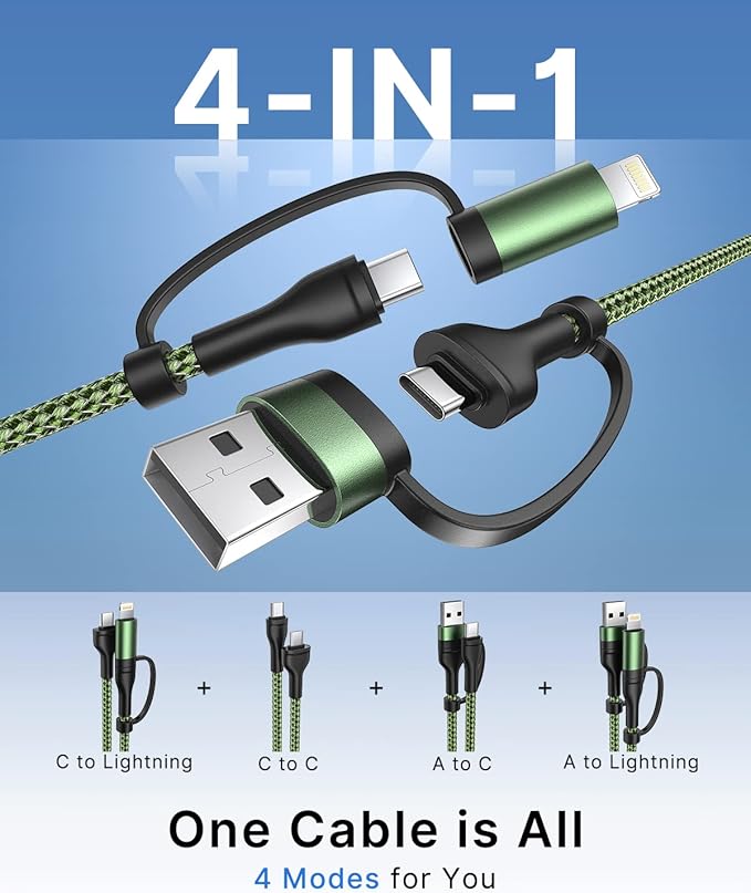 USB C Cable, 4 in 1 Charging Cable (6.6FT 2Pack) with Lightning, USB A/C to C/L Fast Multi Charging Cable for iPhone 16 15 14 Pro Max/MacBook/iPad Pro/SamSungS24,Charging Cable for Multiple Devices