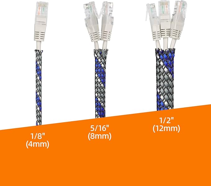 Braided Expandable Cable Sleeve, 25ft PP Cotton and PET Braided Cable Management, Flexible Mesh Wire Loom and Cable Protector for TV, Computer, Home Theater, Automotive (Blue White Grey, 1/2")