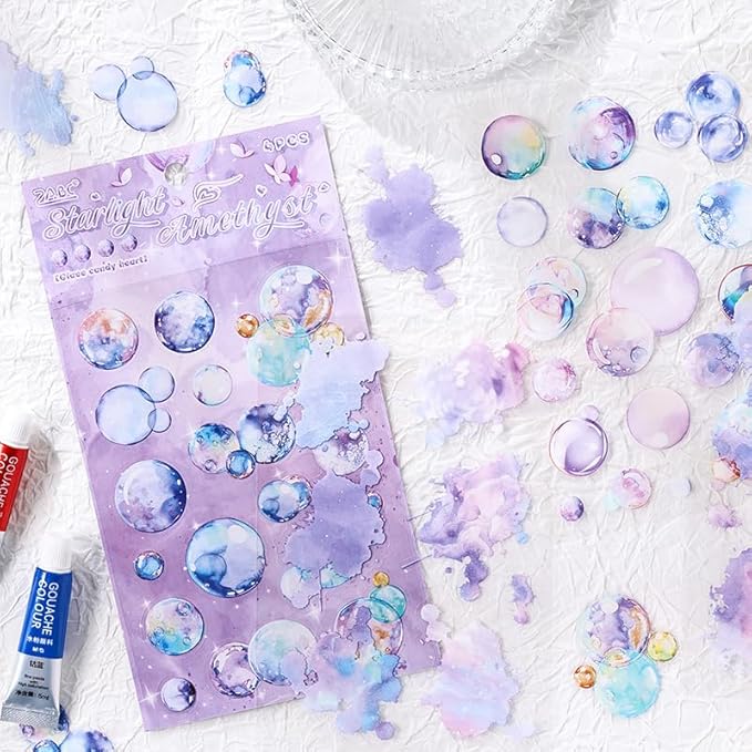 24 Sheets Precut Transparent PET Stickers for Journaling, 6 Assorted Colors, Watercolor Splash and Bubble Sticker for Scrapbooking, Junk Journal Supplies, Card Making, Collage, Arts Crafts