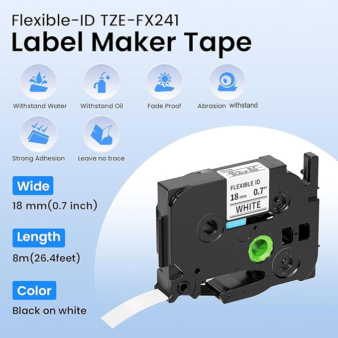TZe-FX241 Flexible ID Laminated 18mm 0.7 Laminated White Cable Wire Labels Compatible with Brother P Touch for Wire Wrapping and Flagging, 26.2FT/8M for D400/D410/D600/Label Maker Tape, 4 pk