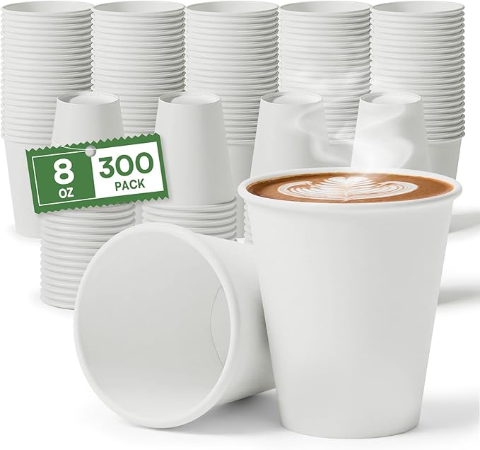Finepak White Paper Cups 8 oz Disposable Coffee Cups, 300 Pack BPA Free Hot Cups, 300GSM Thickened White Disposable Cups, Bulk Small Drink Cups for Everyday Office Coffee Bar Supply Party Essentials