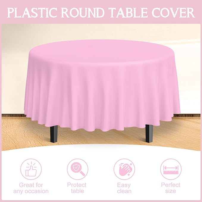 MASHAN 12 Pack Round Plastic Pink Tablecloths Disposable Pastel Pink Table Cloth Round Table Covers for Valentines Day Bridal Engagement Wedding Galentines Party Decorations,84 Inch